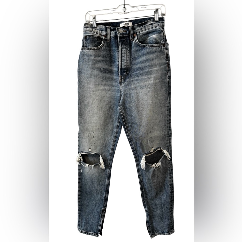 Re/Done High Rise Blue Jeans with Distressed Details